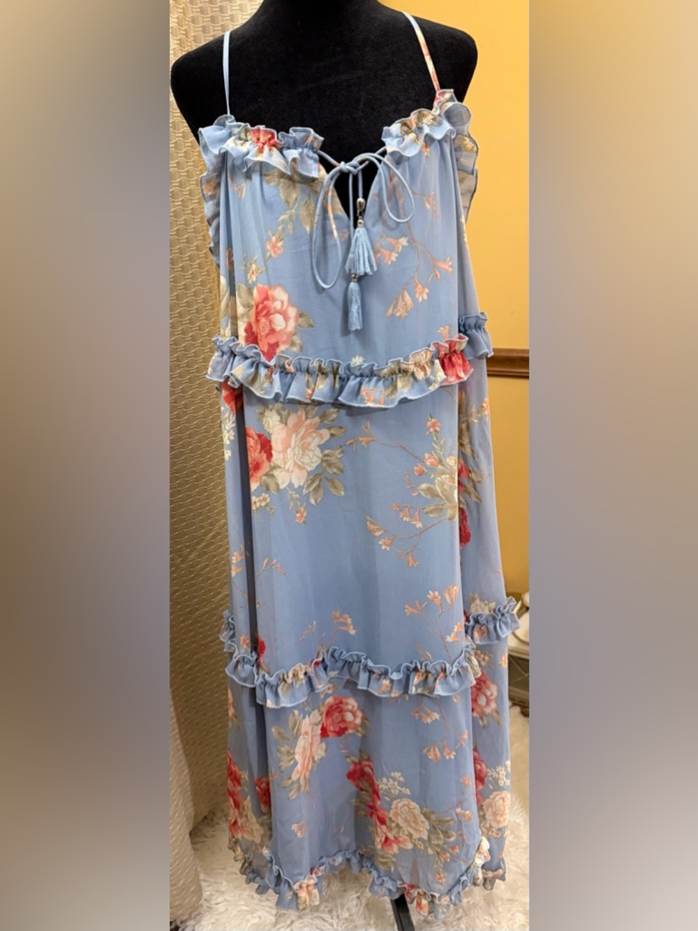 Fate Light Blue Floral Ruffle Slip Dress with Dusty Pink Blooms